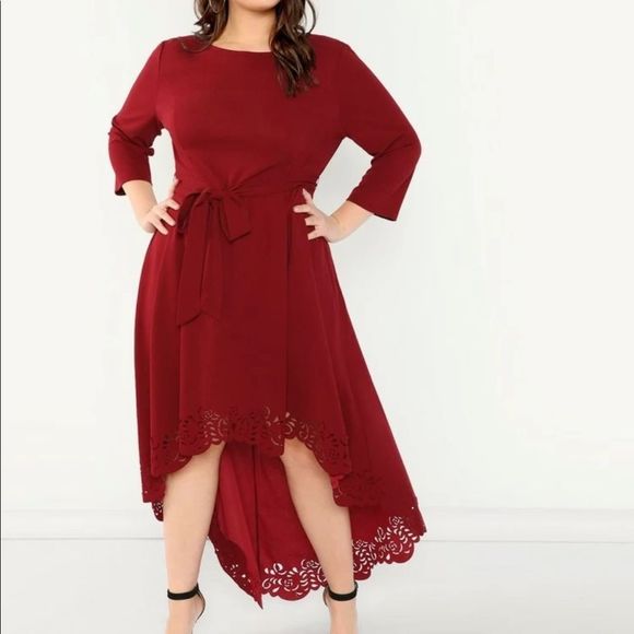shein dress burgundy size small high low laser cut 3/4 sleeve maxi Scalloped Hem - Picture 1 of 8